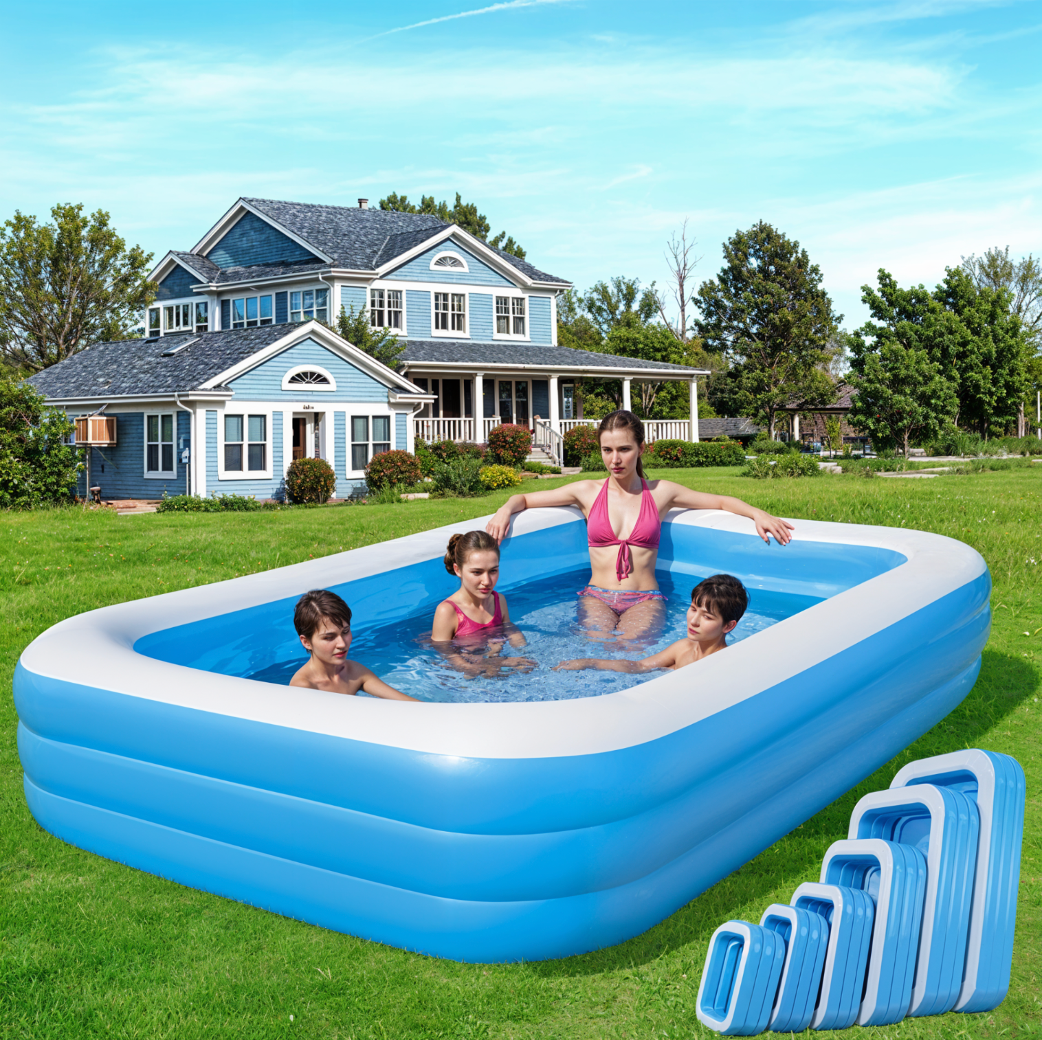 Piscină Gonflabilă 266X165X60CM, pentru Copii și Adulți, Vinil 3 Straturi, Albastru/Alb