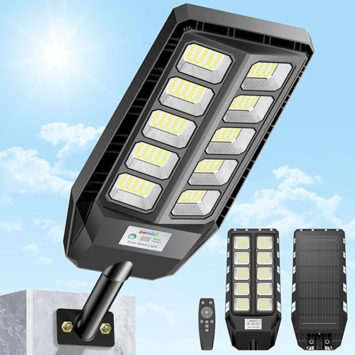 Lampă Solară Stradală 1000W cu Senzor de Mișcare și Telecomandă – Ultra-Luminoasă, IP67, 216 LED-uri, 6500K
