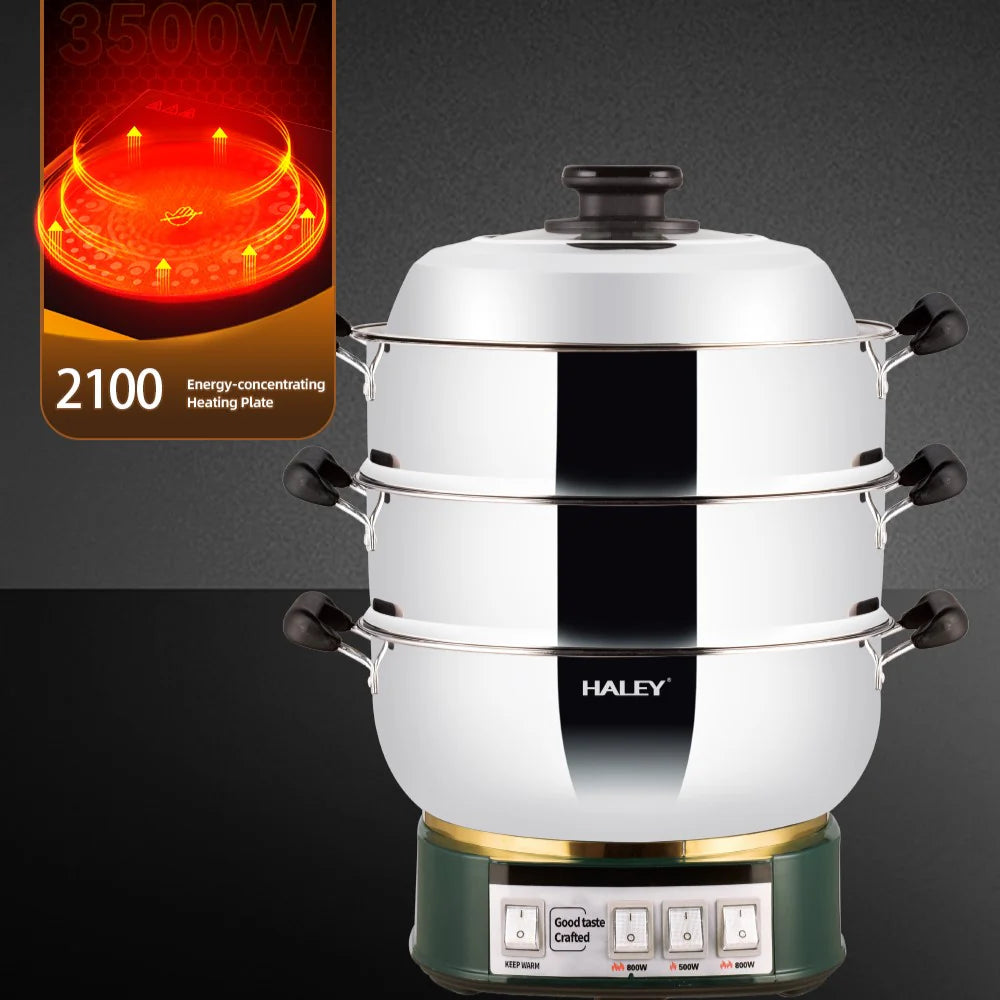 Vas Electric Multifuncțional 2100W, Inox Premium cu Abur pe Două Nivele, Ideal pentru Gătit Sănătos Acasă sau la Hotel