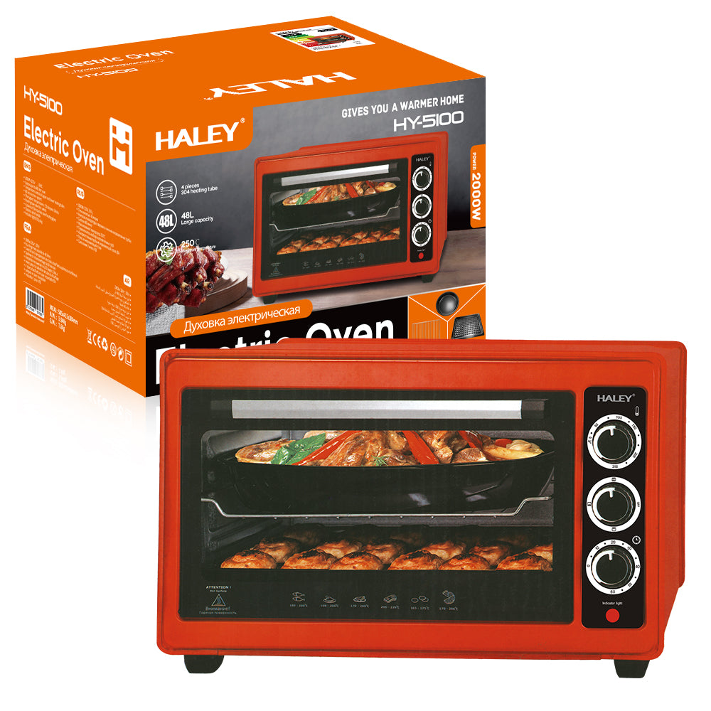 Cuptor Electric 2000W, 48L – Roșu, Încălzire 360°, Design Separabil, Timer, Tuburi 304, Operare Simplă