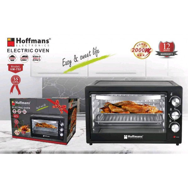 Cuptor Electric Hoffmans, 55L, 2000W, Funcție Coacere și Grătar, Negru