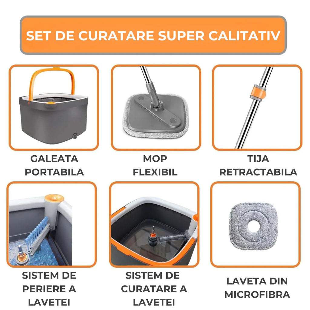 Mop Rotativ cu Găleată Pătrată – Curățenie Rapidă, Rficientă și Fără Efort