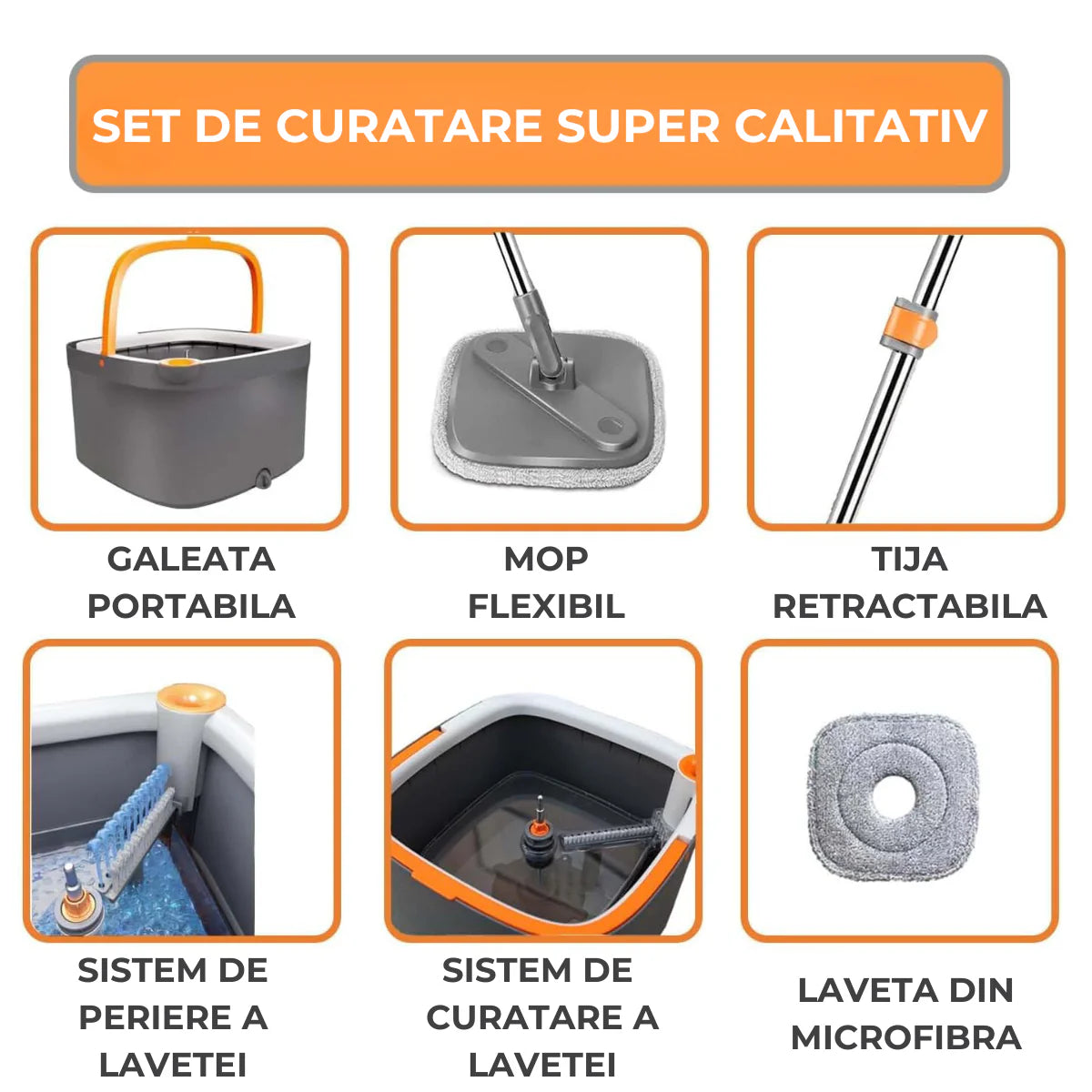 Mop Rotativ cu Găleată Pătrată – Curățenie Rapidă, Rficientă și Fără Efort