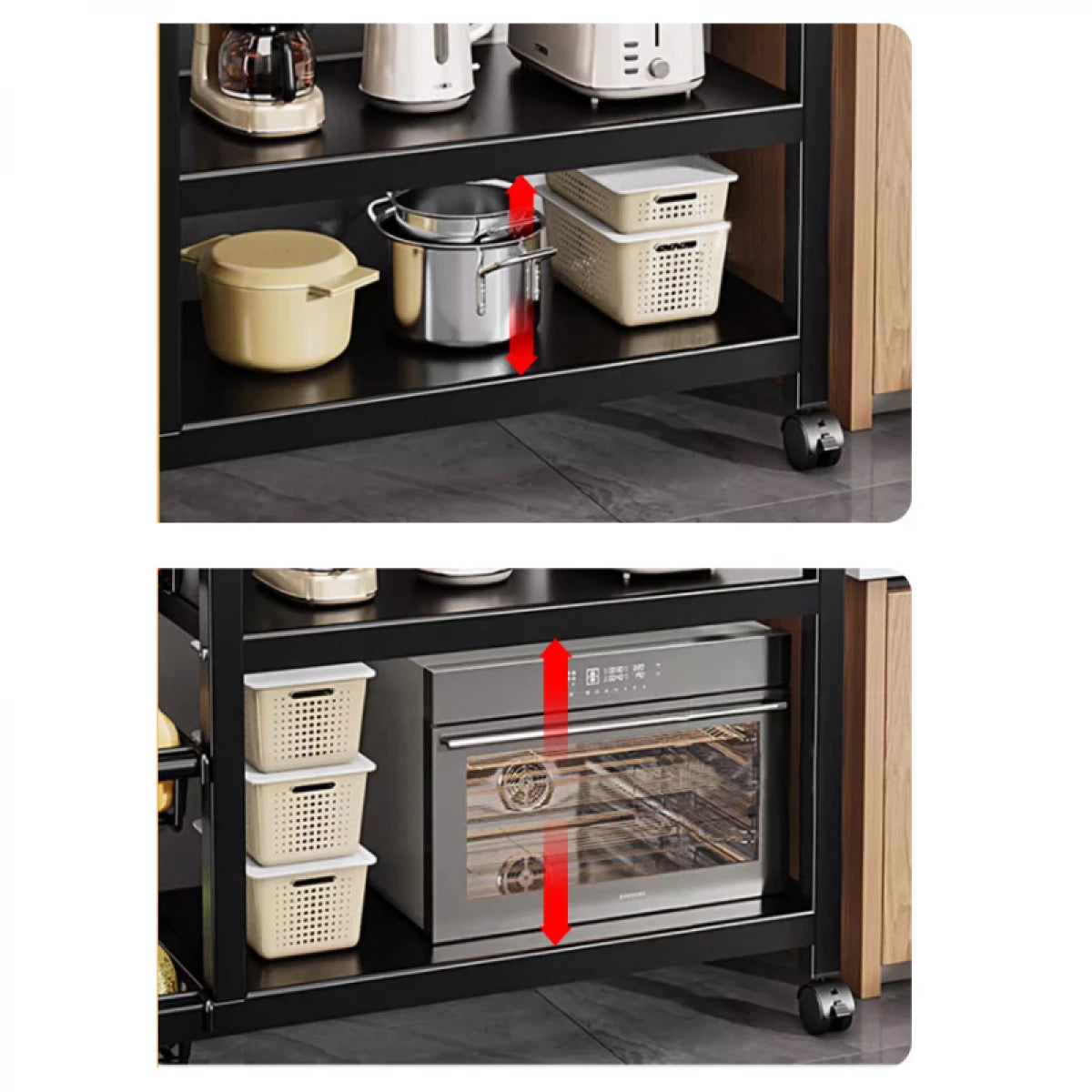 Raft metalic cu 4 polite si 3 cosuri pentru depozitare, portabil, 90 (L) x 32 (l) x 108 (H) cm, negru