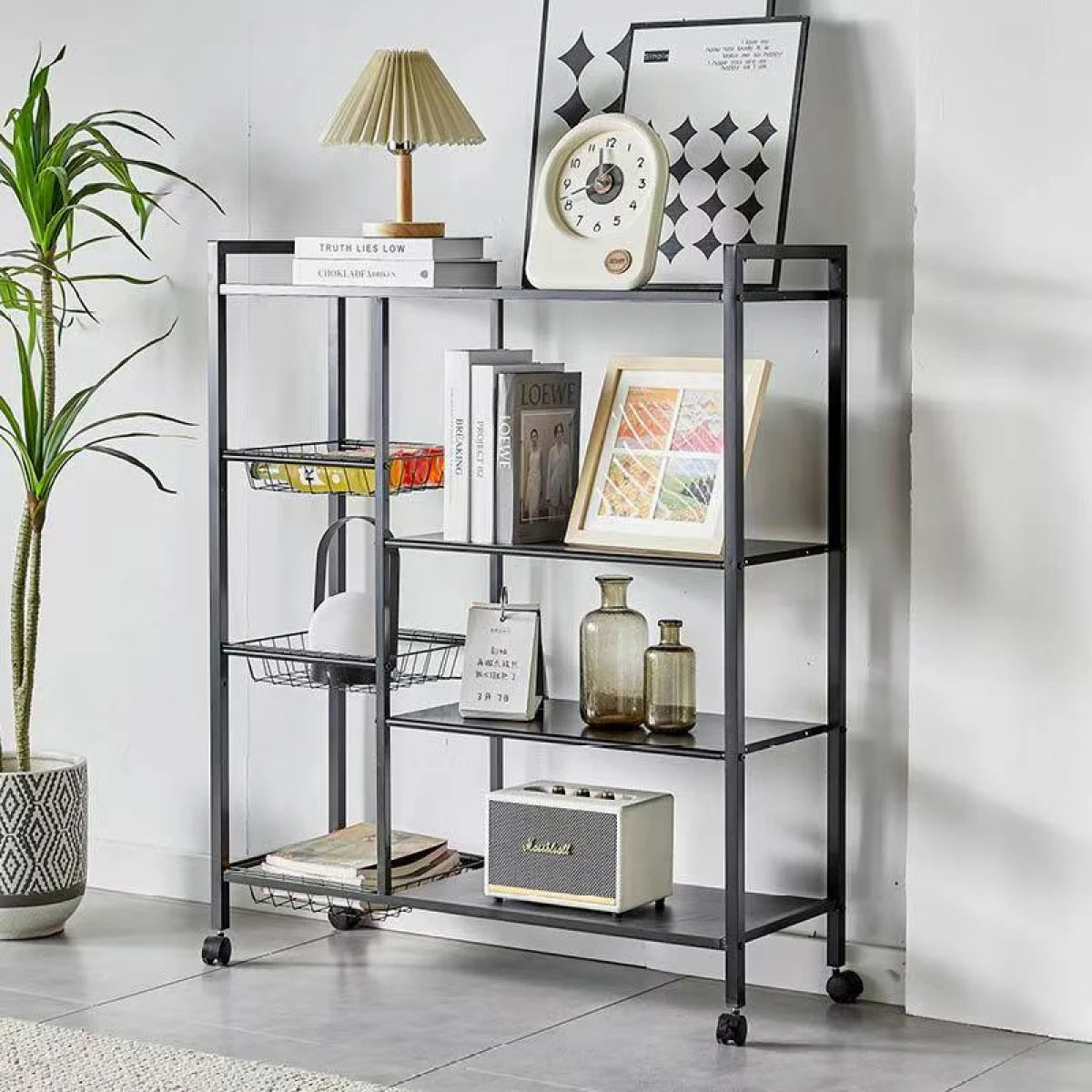 Raft metalic cu 4 polite si 3 cosuri pentru depozitare, portabil, 90 (L) x 32 (l) x 108 (H) cm, negru