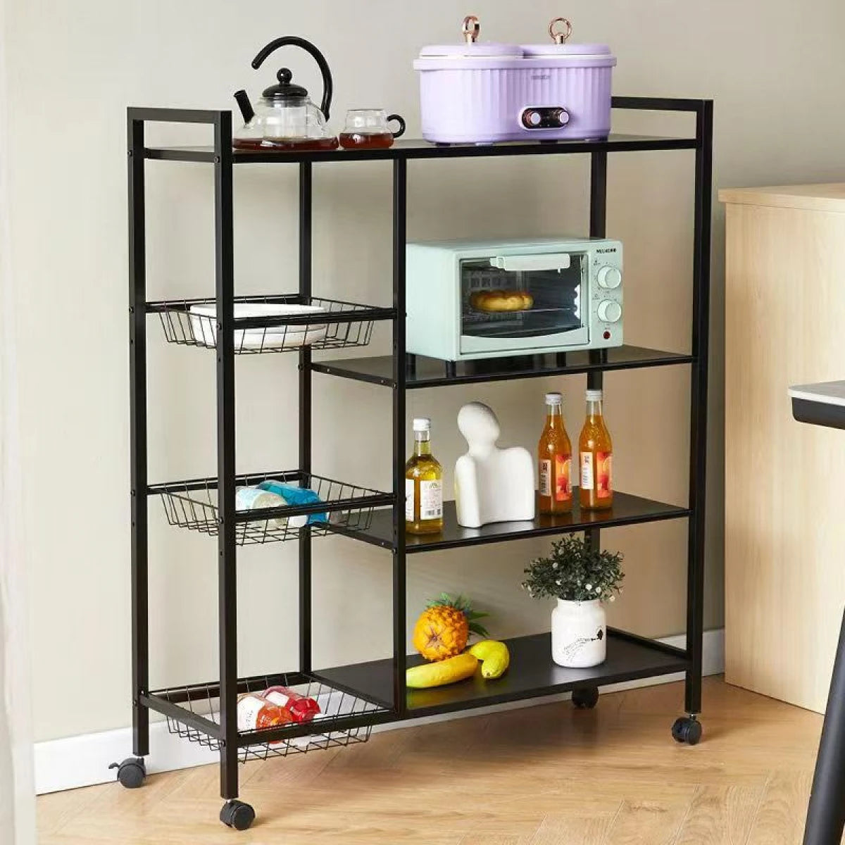 Raft metalic cu 4 polite si 3 cosuri pentru depozitare, portabil, 90 (L) x 32 (l) x 108 (H) cm, negru