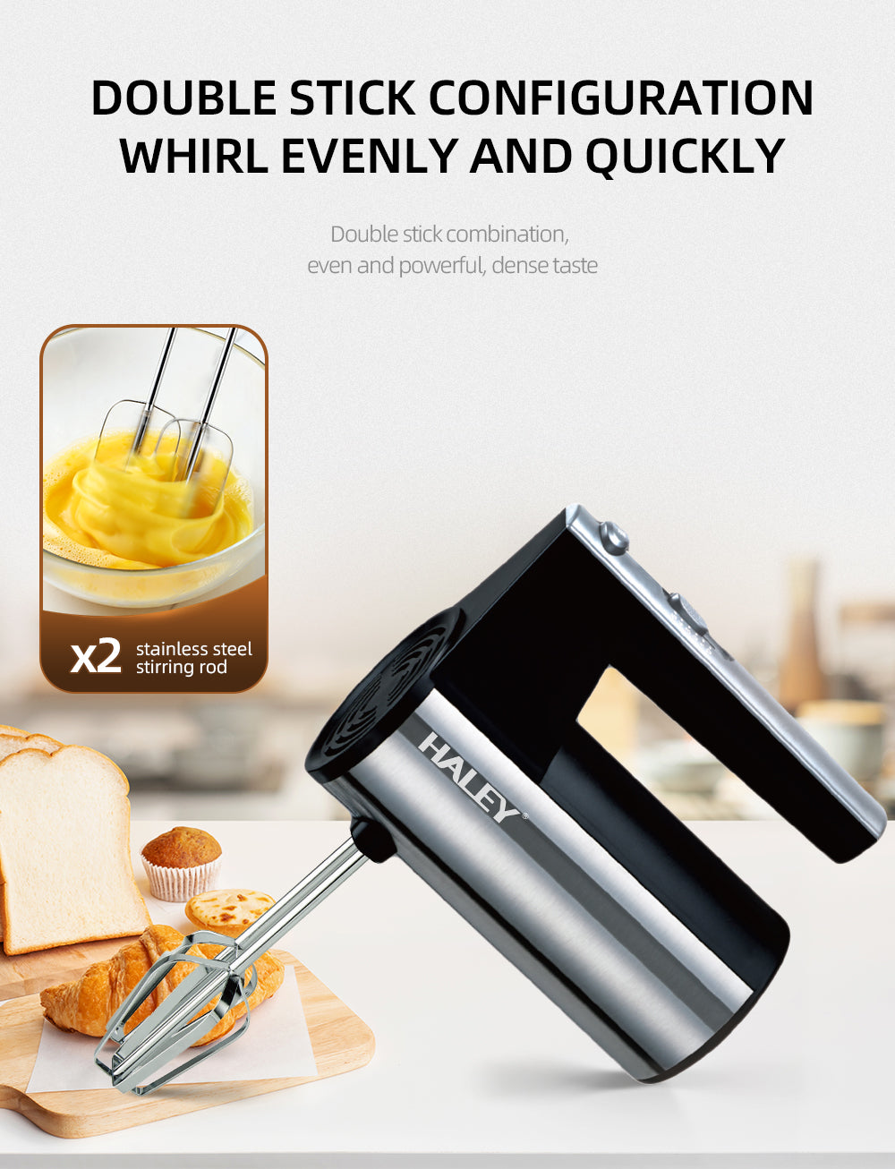 Mixer de Mână din Inox 500W – 5 viteze, silențios, motor puternic, accesorii incluse