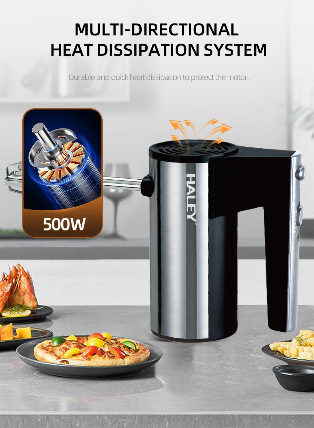 Mixer de Mână din Inox 500W – 5 viteze, silențios, motor puternic, accesorii incluse