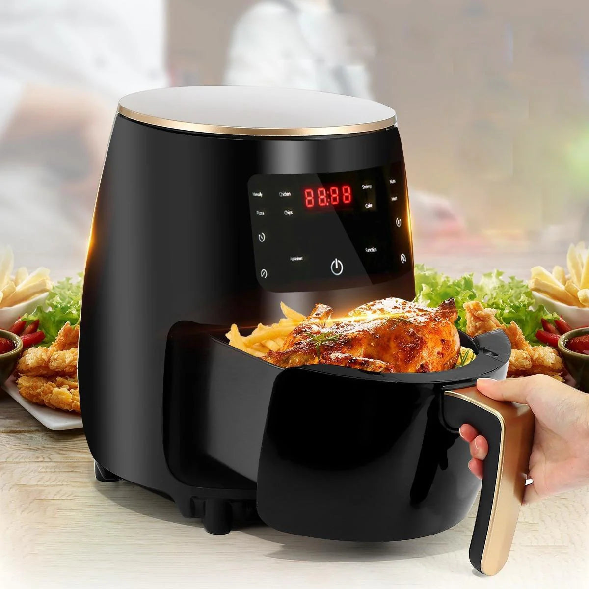 Friteuză fără Ulei cu Aer Cald, 6L, 2400W, Funcții de Coacere și Prăjire + set 50 Hârtie de Copt + Carte de Retete in Limba Romana