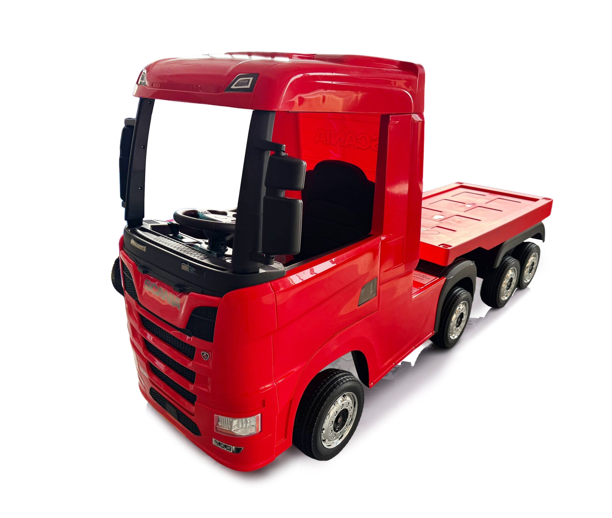 Camion electric cu remorcă pentru copii, KIDOO, 12V, 2 motoare 35W, telecomandă 2.4G, suspensie pe 4 roți, lumini, muzică, viteză 3-5 km/h, uși funcționale