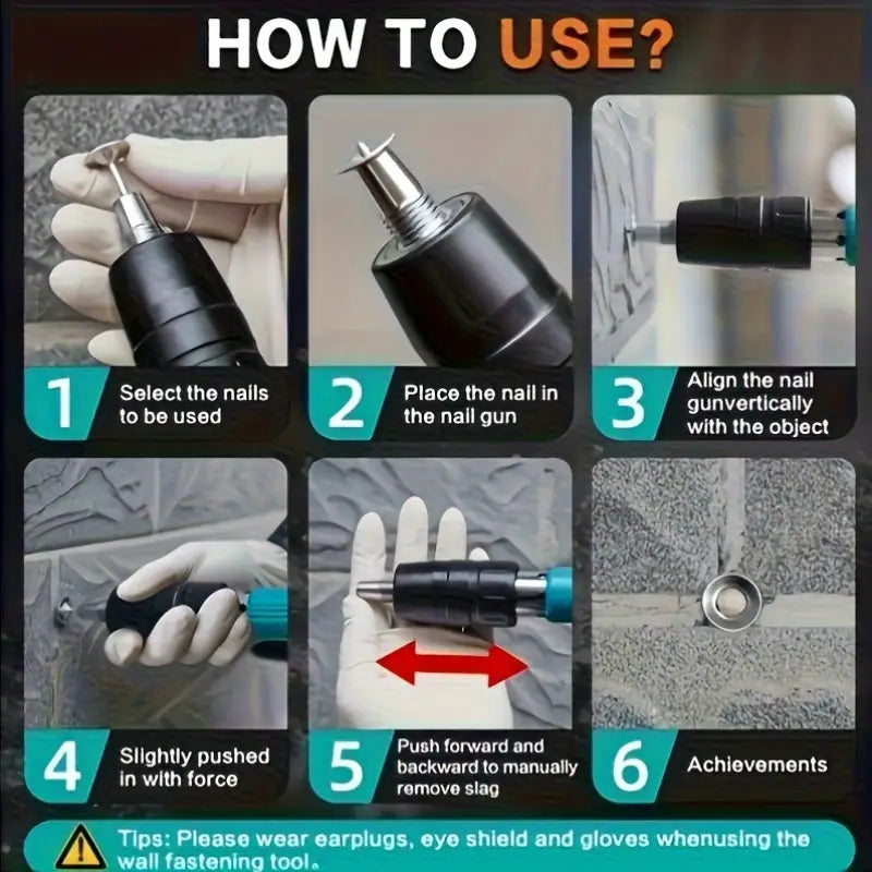Pistol de Cuie Manual pentru Fixare in Beton, Lemn, Fier, Pardoseala, 5 trepte ajustabile, Lungime cuie 27mm, Set 100 Cuie incluse CADOU