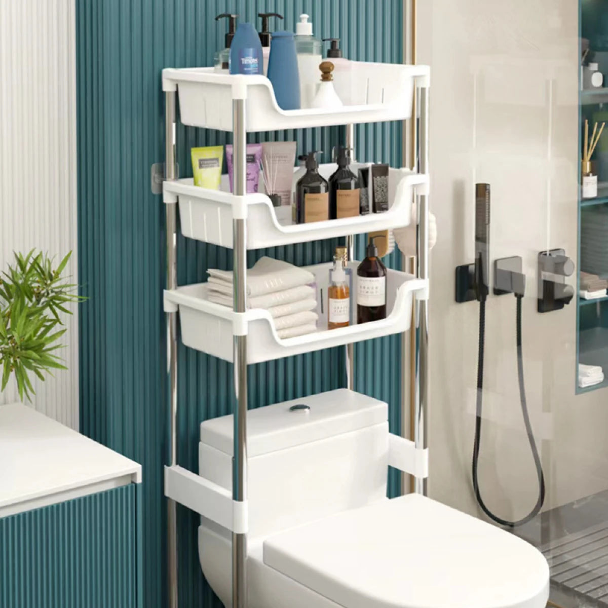 Raft organizator deasupra vasului de toaleta, 3 polite, 173 x 48.5 x 26 cm, alb
