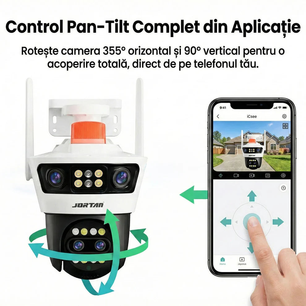 Camera de Supraveghere cu 4 Lentile, Alarma, PTZ 355°, Jortan JT-7, WiFi, IP66, HD, 12 MP, 1920 x 1080 pixeli + Card 32GB CADOU