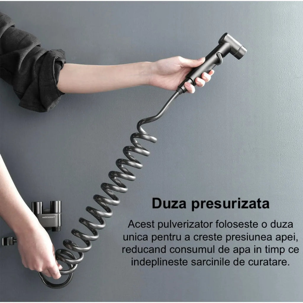 Set de dus de tip bideu cu pulverizator de apa din alama pentru toaleta, economizor de spatiu, cu control dual, evacuare cu unul in doua, supapa unghiulara
