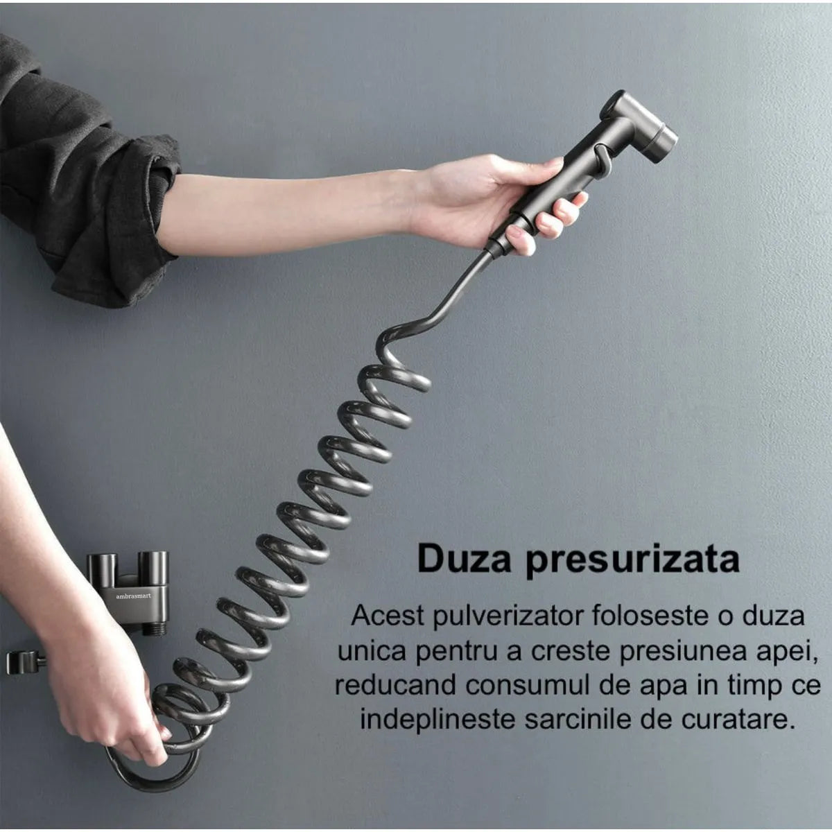 Set de dus de tip bideu cu pulverizator de apa din alama pentru toaleta, economizor de spatiu, cu control dual, evacuare cu unul in doua, supapa unghiulara