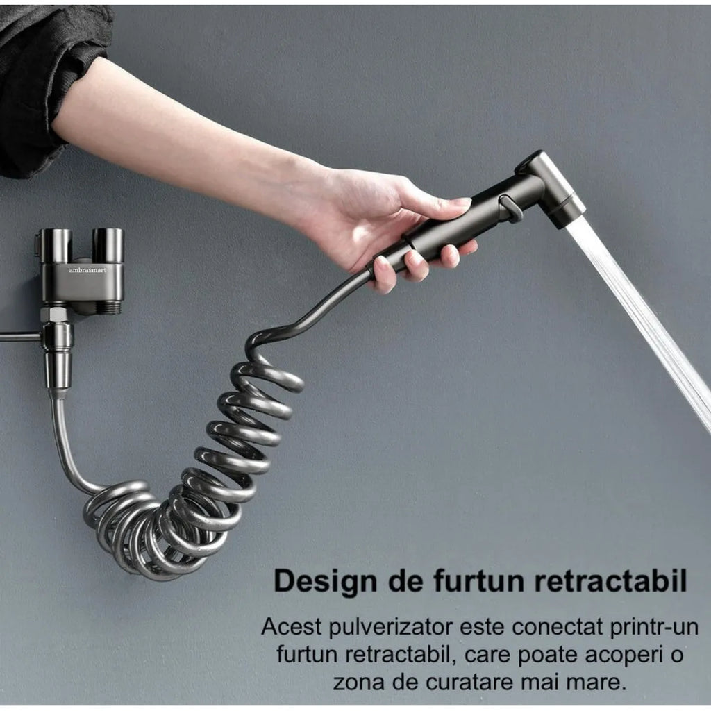 Set de dus de tip bideu cu pulverizator de apa din alama pentru toaleta, economizor de spatiu, cu control dual, evacuare cu unul in doua, supapa unghiulara
