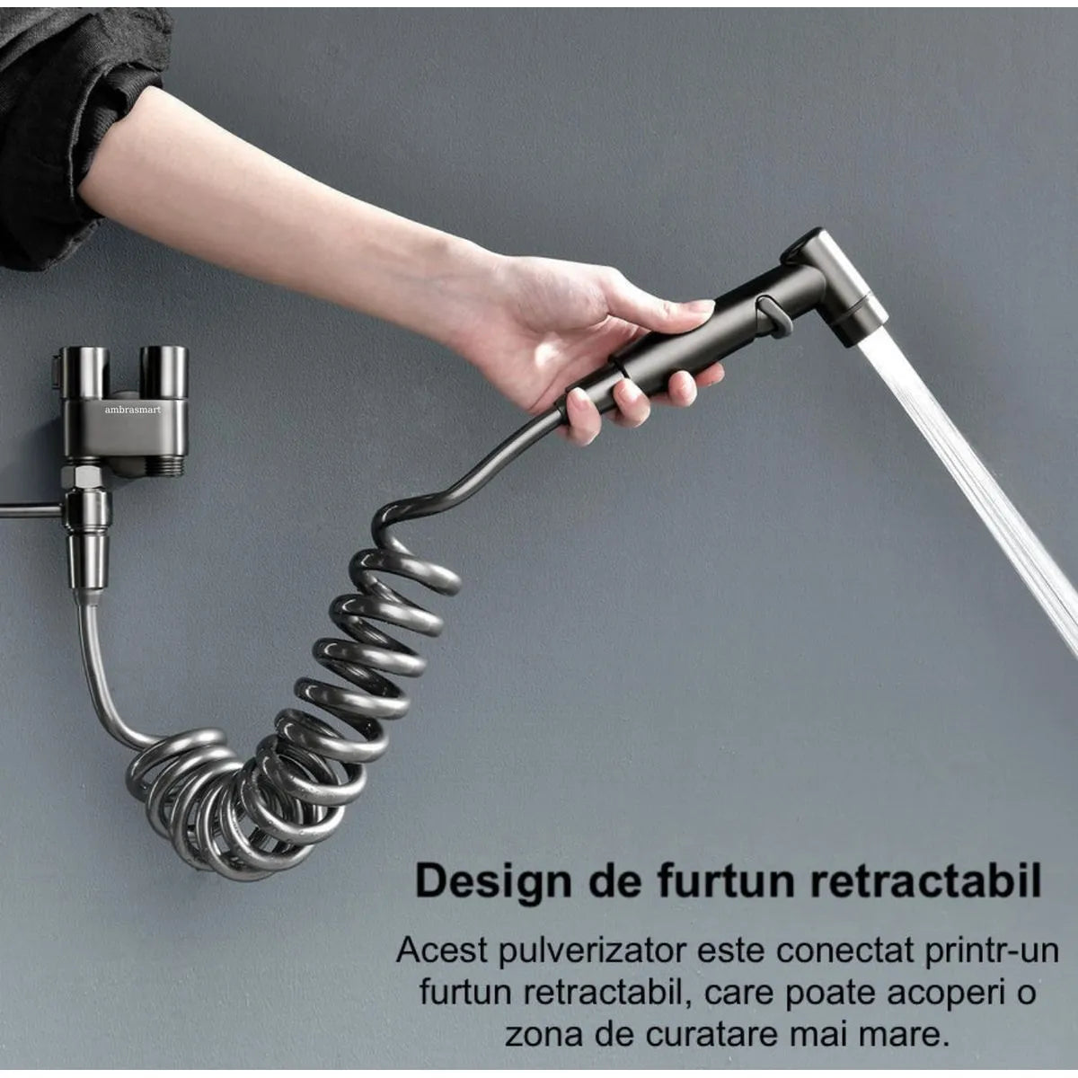 Set de dus de tip bideu cu pulverizator de apa din alama pentru toaleta, economizor de spatiu, cu control dual, evacuare cu unul in doua, supapa unghiulara