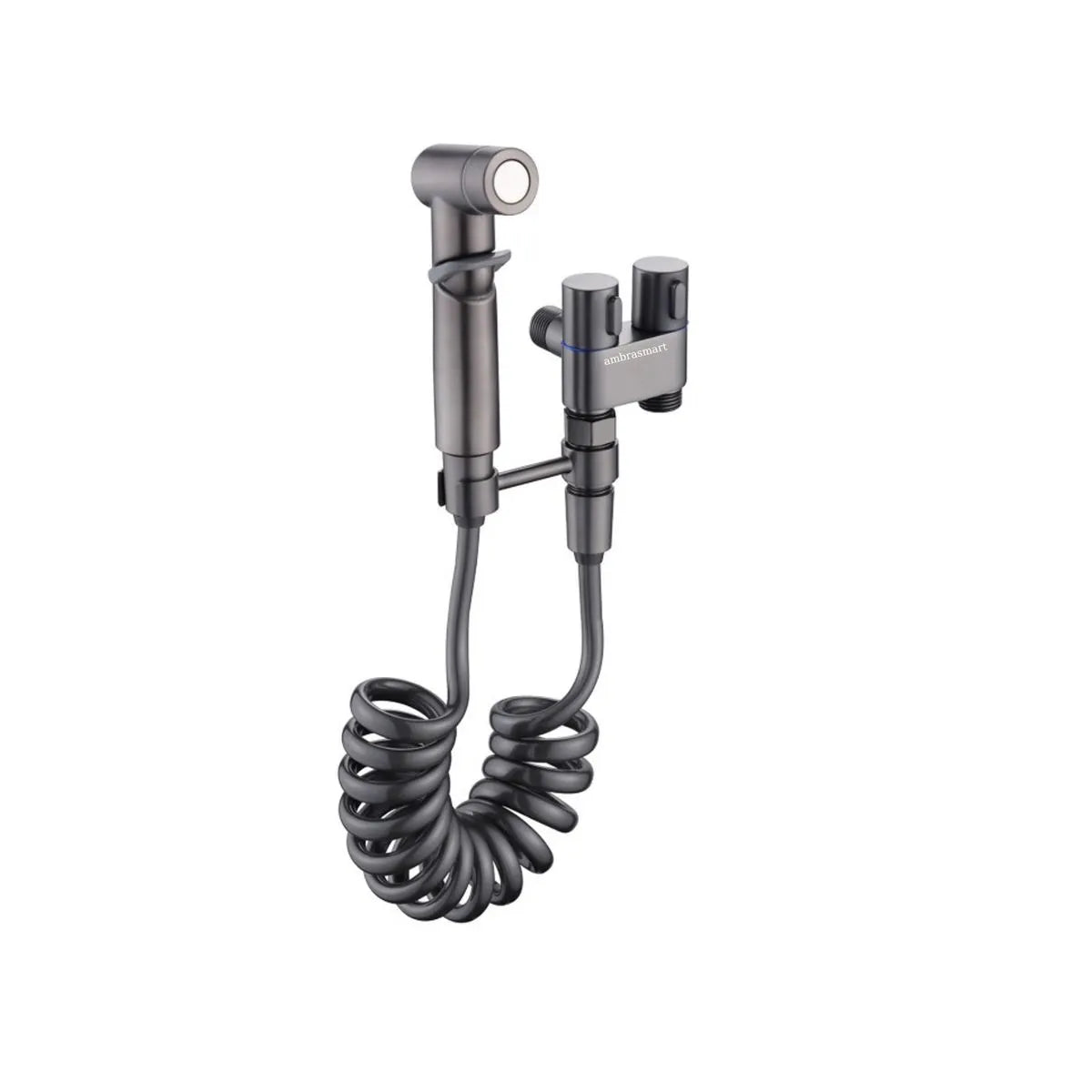 Set de dus de tip bideu cu pulverizator de apa din alama pentru toaleta, economizor de spatiu, cu control dual, evacuare cu unul in doua, supapa unghiulara
