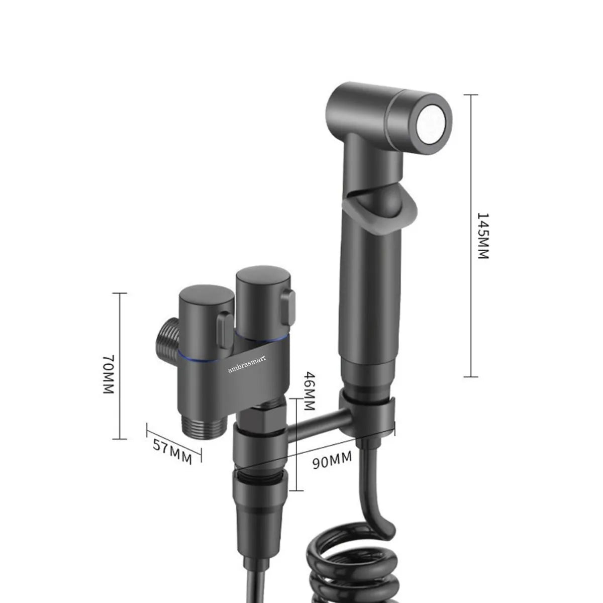 Set de dus de tip bideu cu pulverizator de apa din alama pentru toaleta, economizor de spatiu, cu control dual, evacuare cu unul in doua, supapa unghiulara