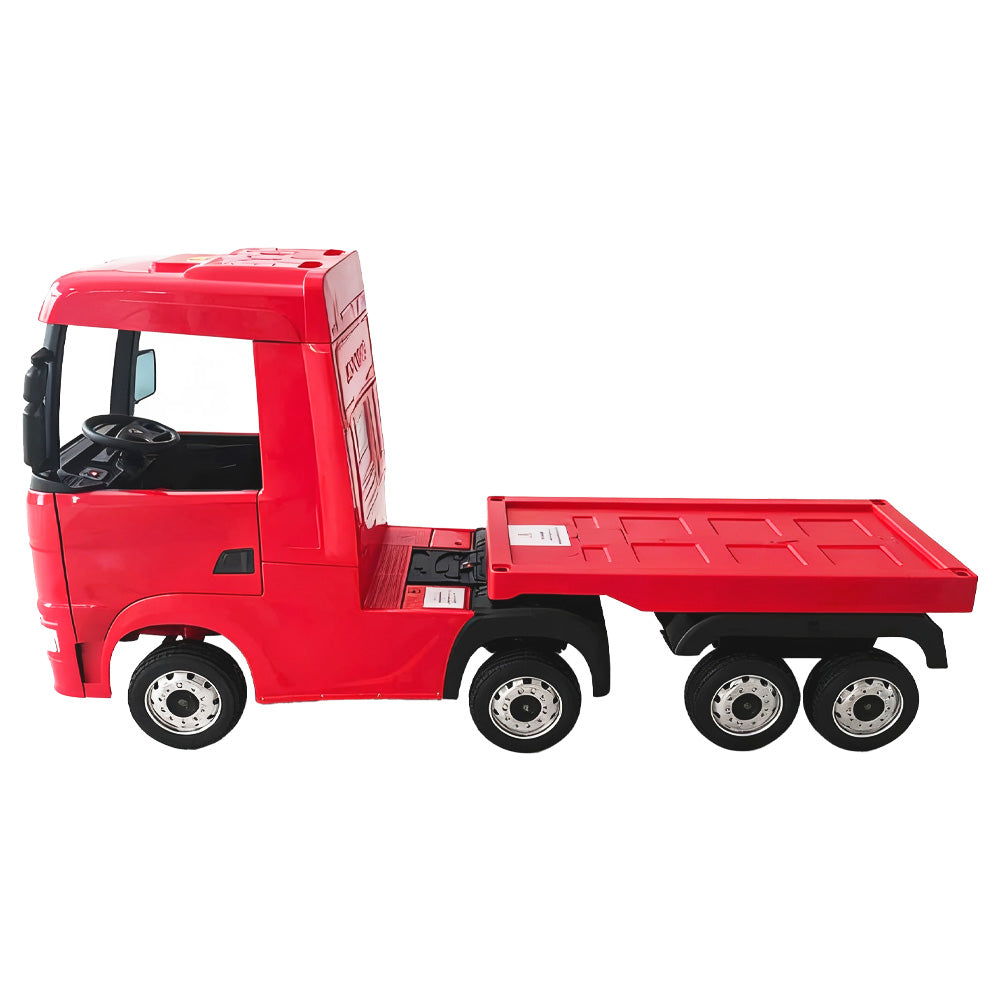 Camion electric cu remorcă pentru copii, KIDOO, 12V, 2 motoare 35W, telecomandă 2.4G, suspensie pe 4 roți, lumini, muzică, viteză 3-5 km/h, uși funcționale