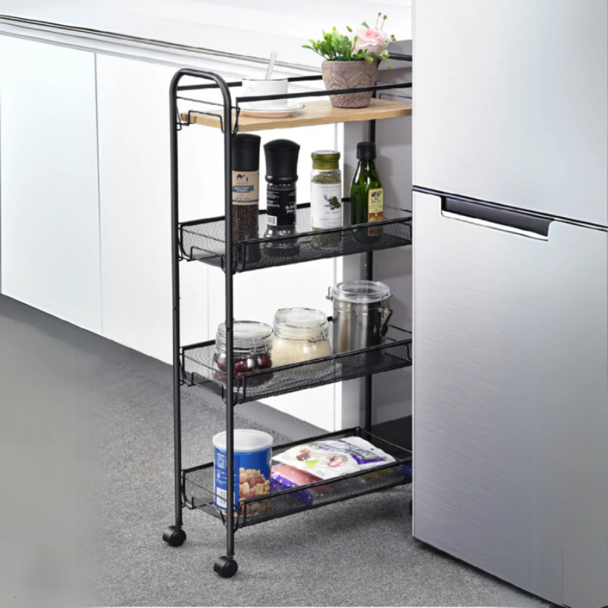 Suport slim metalic cu 4 nivele, 1 polita din MDF, rotativ 360°, 42 (L) x 26 (l) x 83 (H) c, negru