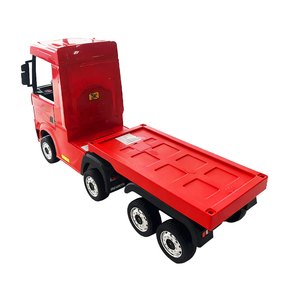 Camion electric cu remorcă pentru copii, KIDOO, 12V, 2 motoare 35W, telecomandă 2.4G, suspensie pe 4 roți, lumini, muzică, viteză 3-5 km/h, uși funcționale