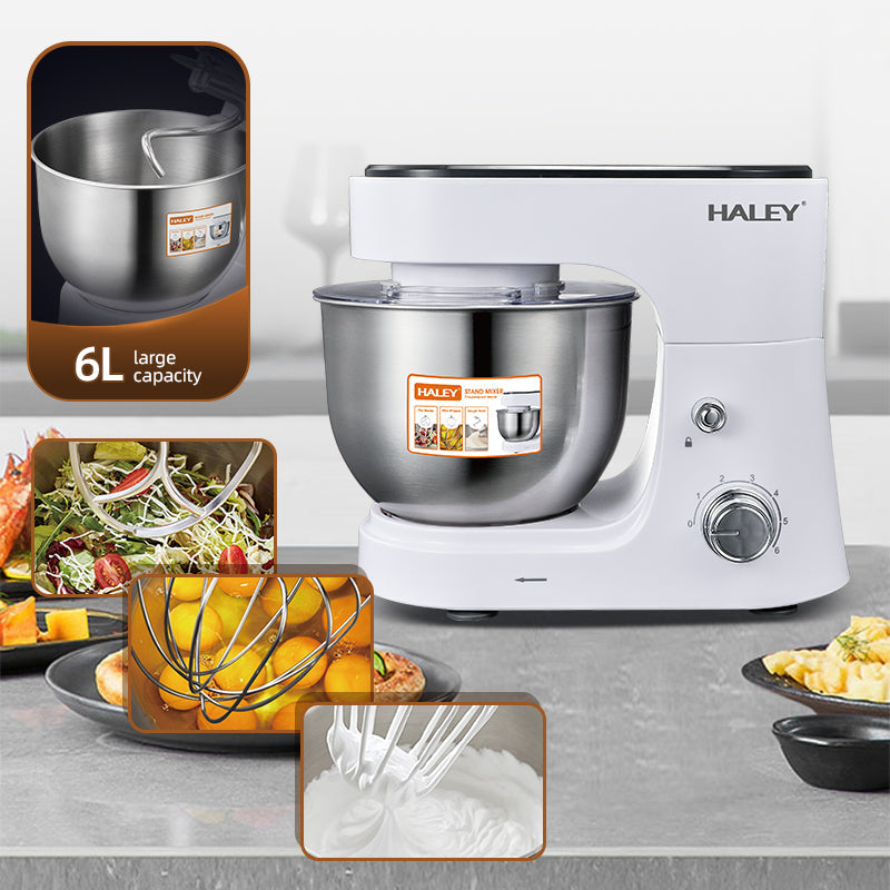 Mixer Profesional HALEY HY-2409, 1200W, Bol 6L Inox, 6 Viteze + Pulse, Alb/Inox, Silențios, Protecție Întrerupere