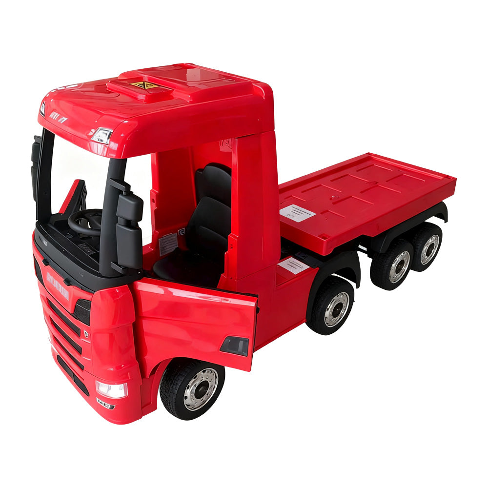 Camion electric cu remorcă pentru copii, KIDOO, 12V, 2 motoare 35W, telecomandă 2.4G, suspensie pe 4 roți, lumini, muzică, viteză 3-5 km/h, uși funcționale
