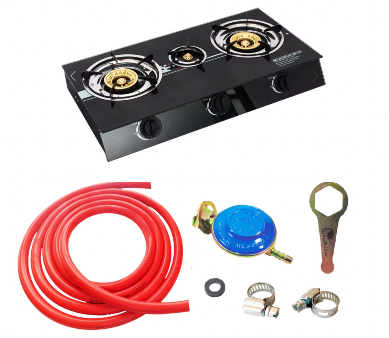 Set Aragaz Butelie 3 Arzatoare, Ceas, Furtun, Coliere, Gpl, Gaz, Sticla Securizata Aprindere Quartz