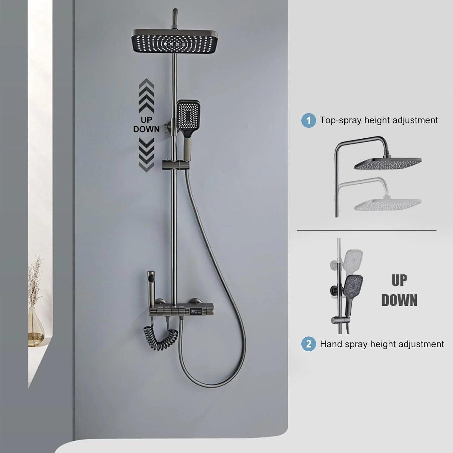 Coloana de Dus Termostat, Afisaj Digital, Lumină LED Ambientală, 4 Functii, Taste de Piano, Cap Dus Dreptunghiular, Efect de Ploaie, Inaltime Reglabila, Montare pe Perete