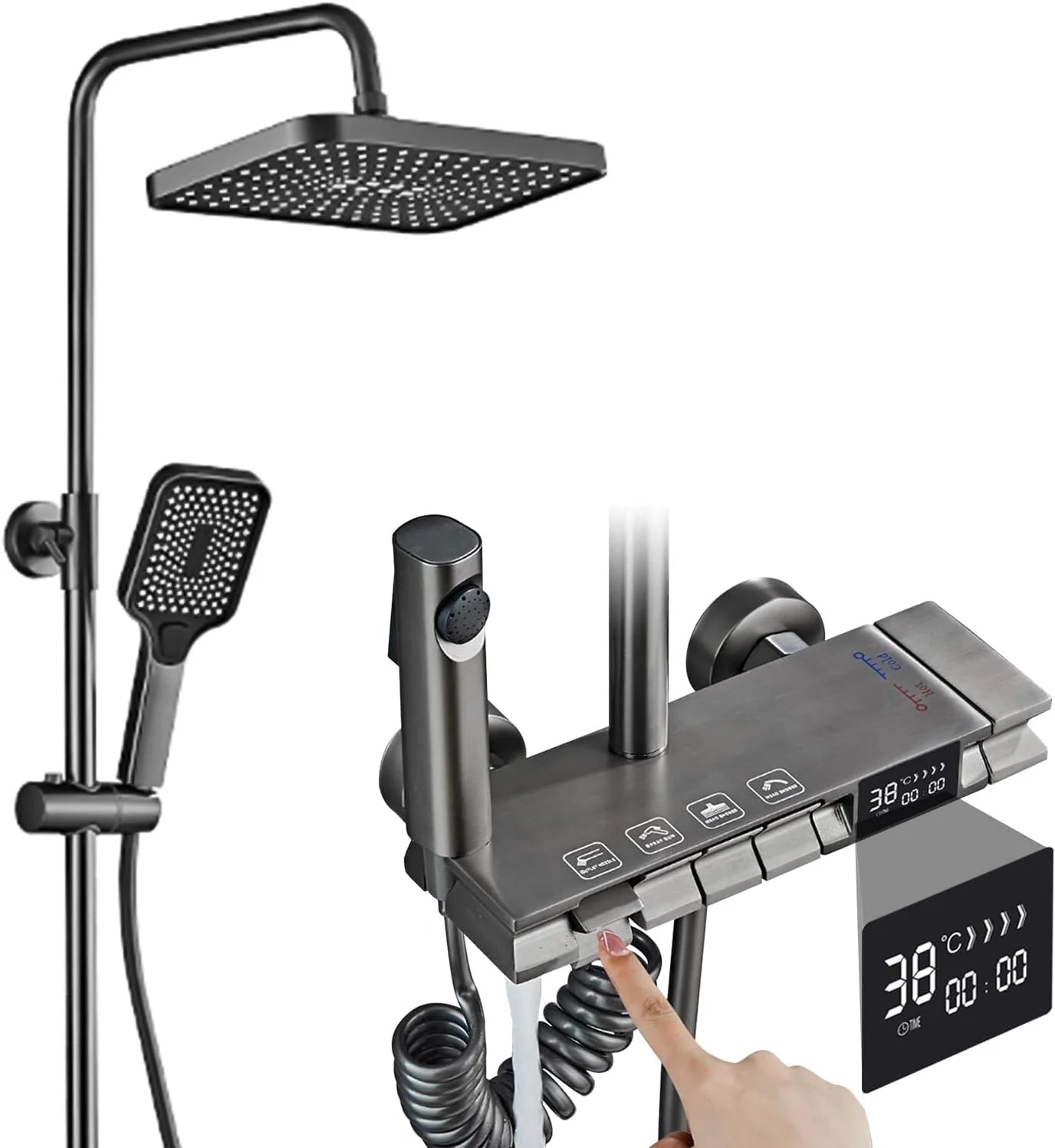 Coloana de Dus Termostat, Afisaj Digital, Lumină LED Ambientală, 4 Functii, Taste de Piano, Cap Dus Dreptunghiular, Efect de Ploaie, Inaltime Reglabila, Montare pe Perete