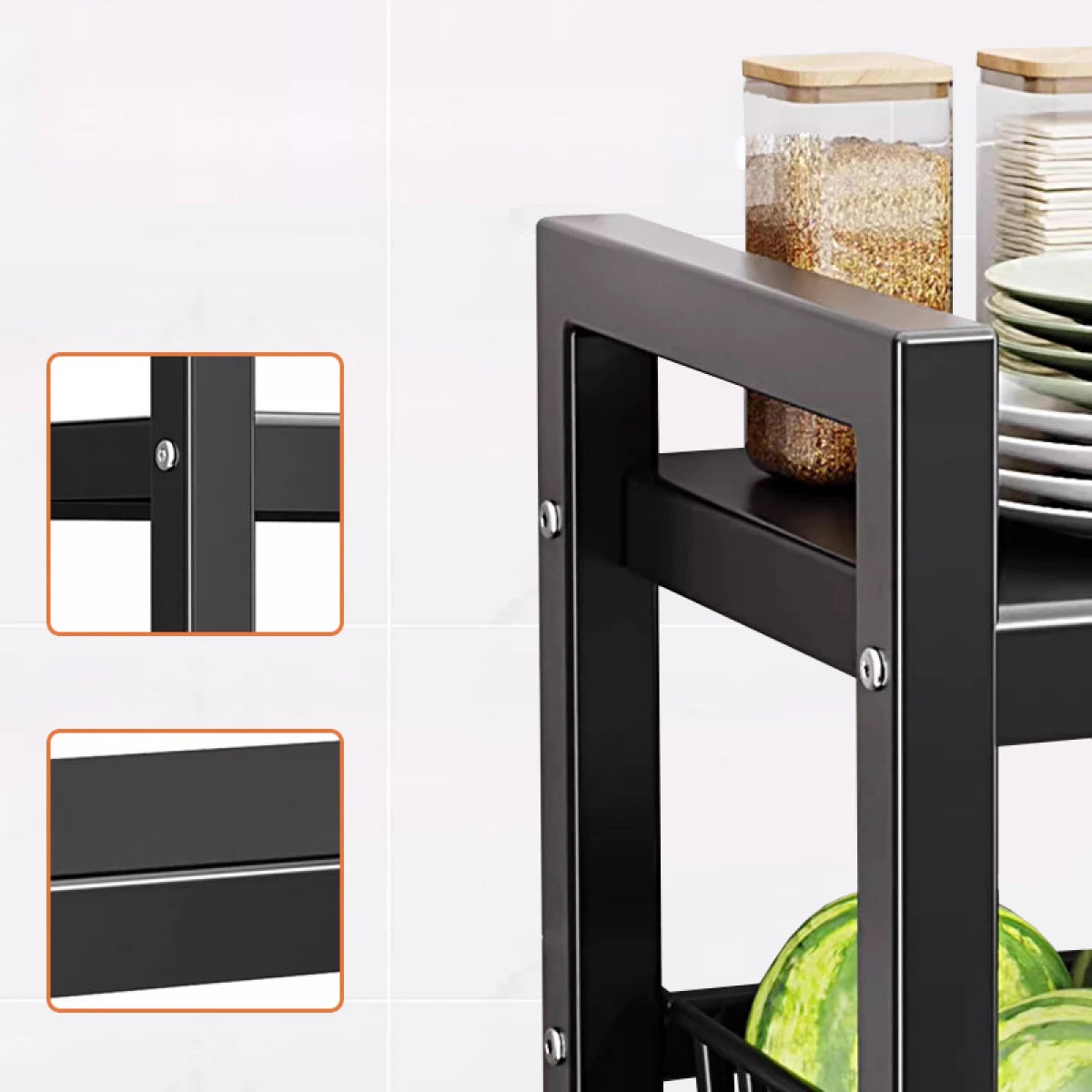 Raft metalic cu 4 polite si 3 cosuri pentru depozitare, portabil, 90 (L) x 32 (l) x 108 (H) cm, negru