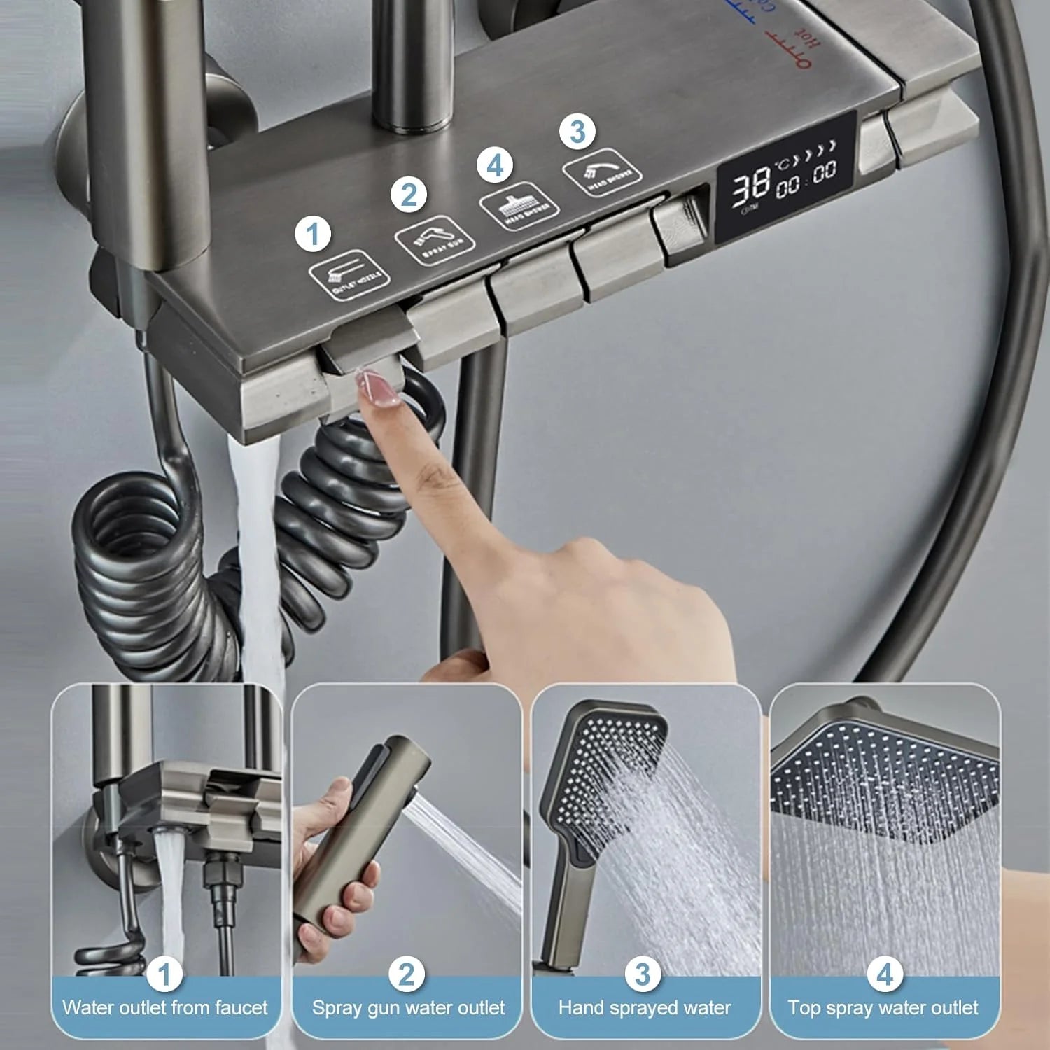 Coloana de Dus Termostat, Afisaj Digital, Lumină LED Ambientală, 4 Functii, Taste de Piano, Cap Dus Dreptunghiular, Efect de Ploaie, Inaltime Reglabila, Montare pe Perete