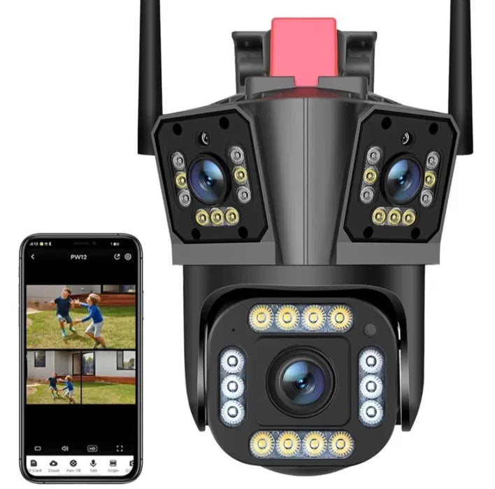 Camera de Supraveghere Tripla 4G, 12MP, Exterior/Interior, Ultra HD, 10X Digital zoom, Rotire, Leduri, Vedere Noaptea, Comunicare Bidirectionala, Alarma, Senzor Miscare