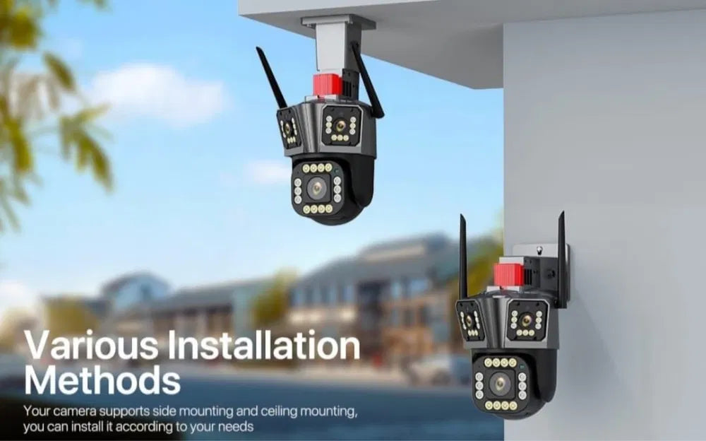 Camera de Supraveghere Tripla 4G, 12MP, Exterior/Interior, Ultra HD, 10X Digital zoom, Rotire, Leduri, Vedere Noaptea, Comunicare Bidirectionala, Alarma, Senzor Miscare