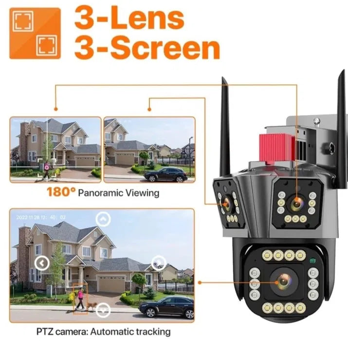 Camera de Supraveghere Tripla 4G, 12MP, Exterior/Interior, Ultra HD, 10X Digital zoom, Rotire, Leduri, Vedere Noaptea, Comunicare Bidirectionala, Alarma, Senzor Miscare