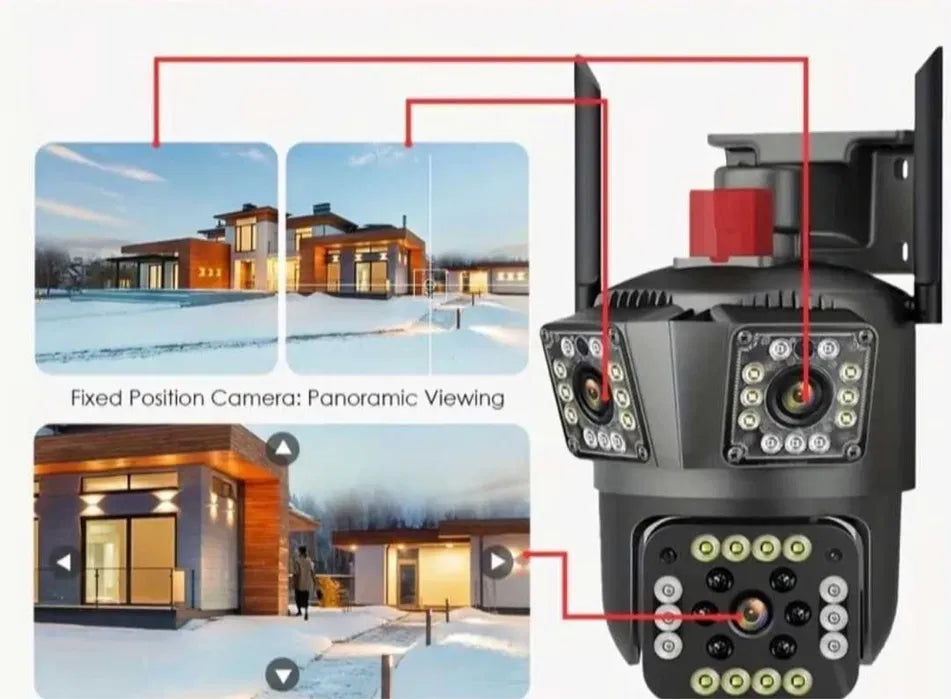 Camera de Supraveghere Tripla 4G, 12MP, Exterior/Interior, Ultra HD, 10X Digital zoom, Rotire, Leduri, Vedere Noaptea, Comunicare Bidirectionala, Alarma, Senzor Miscare