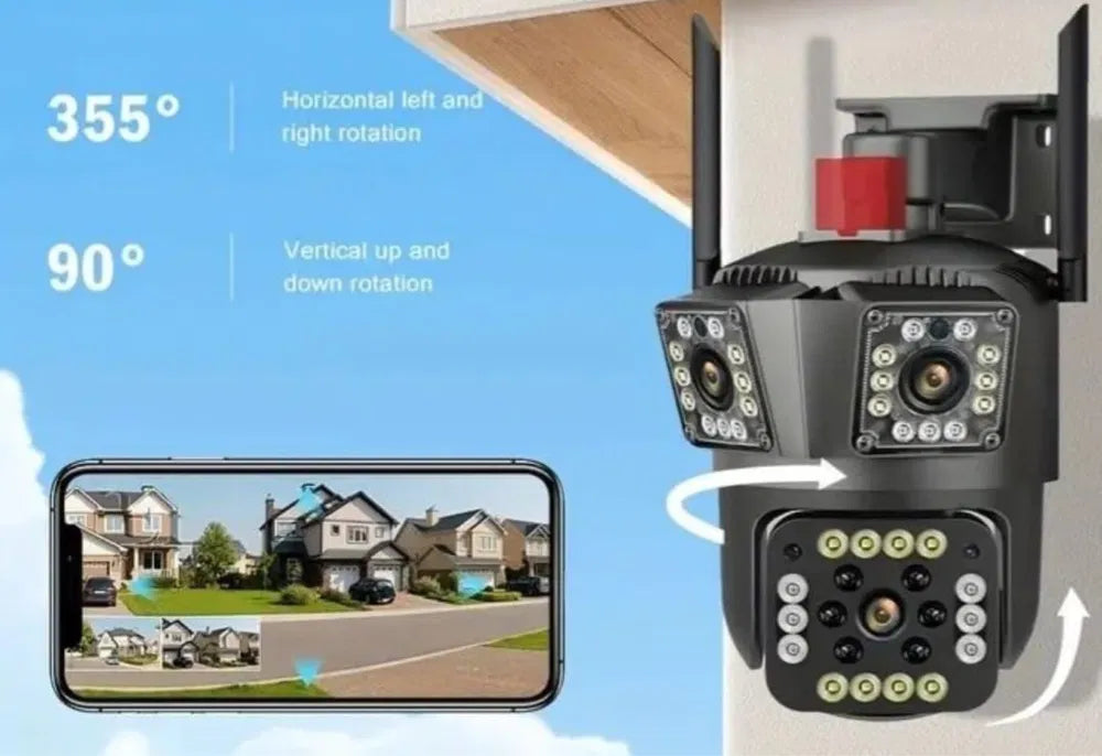 Camera de Supraveghere Tripla 4G, 12MP, Exterior/Interior, Ultra HD, 10X Digital zoom, Rotire, Leduri, Vedere Noaptea, Comunicare Bidirectionala, Alarma, Senzor Miscare