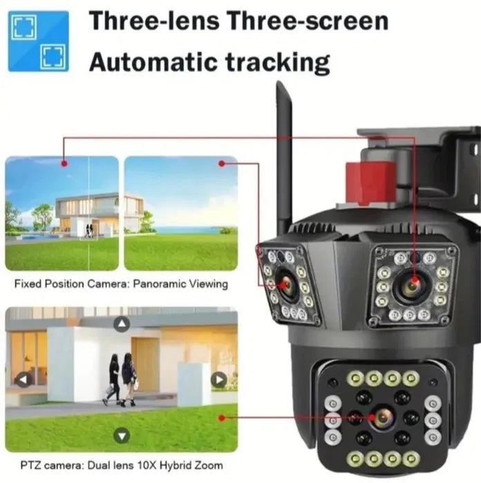 Camera de Supraveghere Tripla 4G, 12MP, Exterior/Interior, Ultra HD, 10X Digital zoom, Rotire, Leduri, Vedere Noaptea, Comunicare Bidirectionala, Alarma, Senzor Miscare