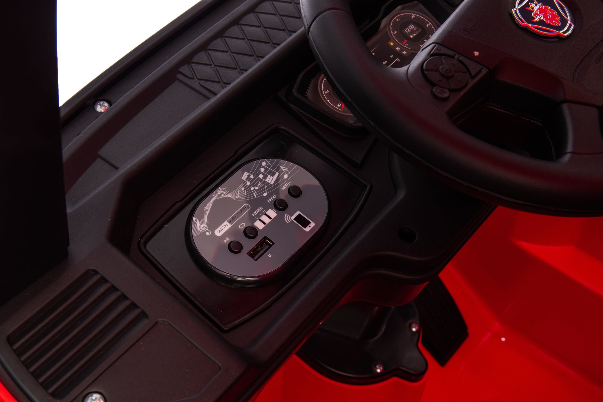 Camion electric cu remorcă pentru copii, KIDOO, 12V, 2 motoare 35W, telecomandă 2.4G, suspensie pe 4 roți, lumini, muzică, viteză 3-5 km/h, uși funcționale