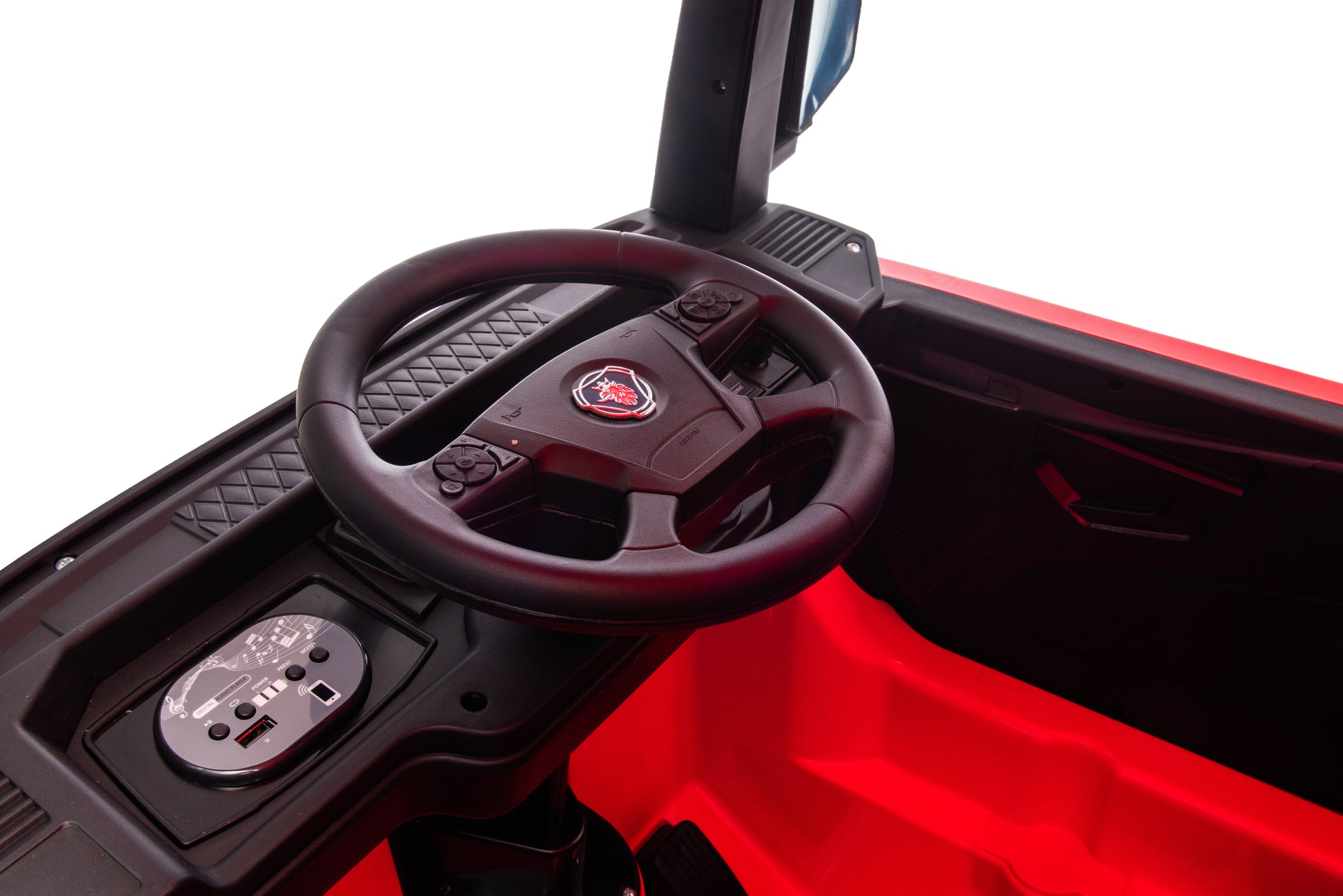 Camion electric cu remorcă pentru copii, KIDOO, 12V, 2 motoare 35W, telecomandă 2.4G, suspensie pe 4 roți, lumini, muzică, viteză 3-5 km/h, uși funcționale