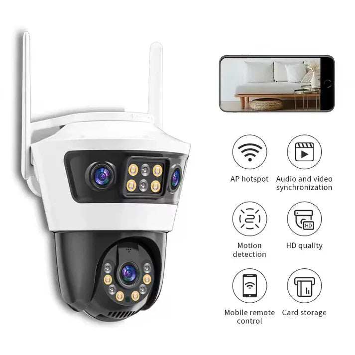 Camera de Supraveghere cu 3 Lentile, PTZ 355°, Jortan JT-6, WiFi, IP66, HD, 9 MP, 1920 x 1080 pixeli ,Aplicatie Yoosee + Card 32GB CADOU