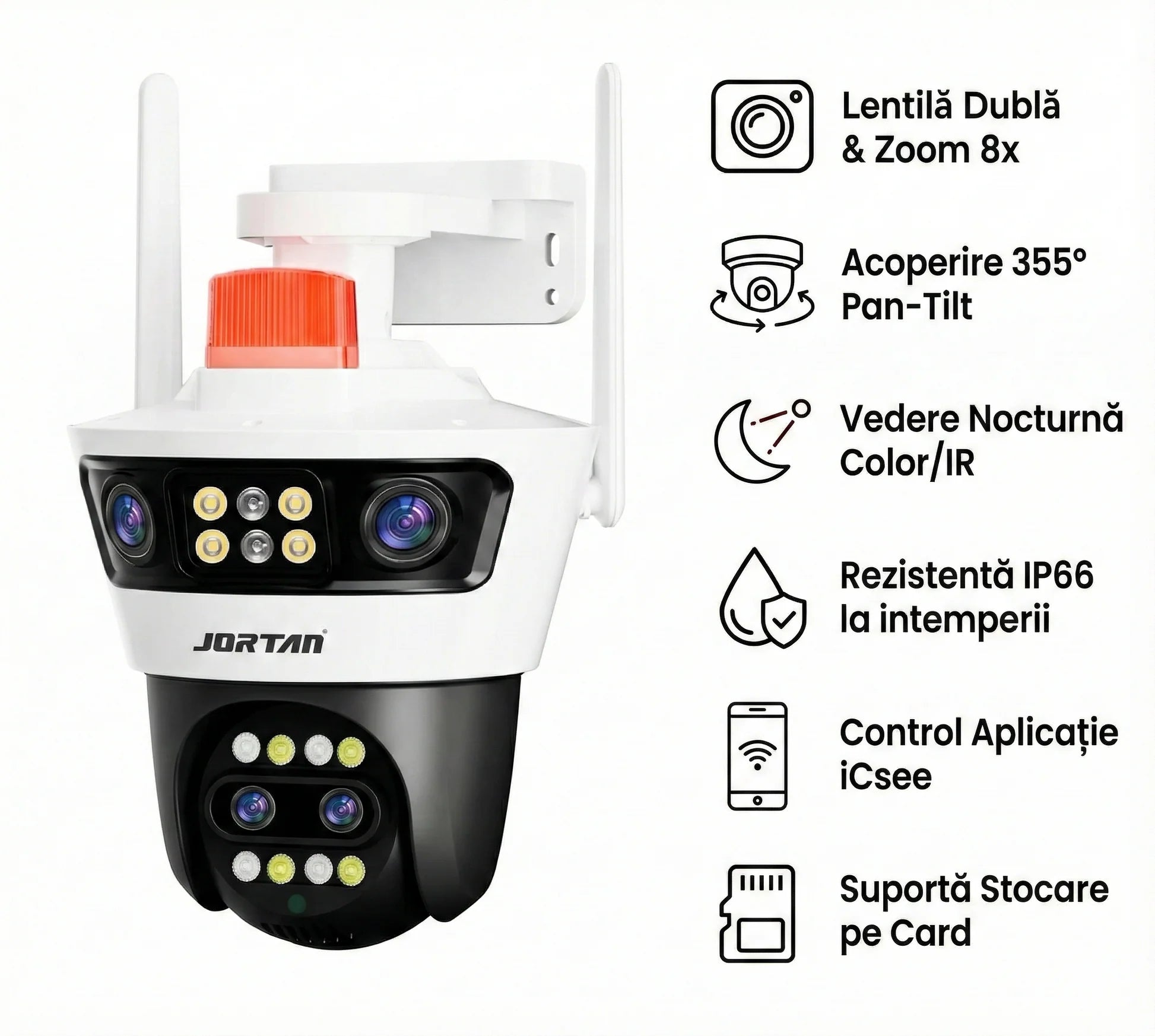 Camera de Supraveghere cu 4 Lentile, Alarma, PTZ 355°, Jortan JT-7, WiFi, IP66, HD, 12 MP, 1920 x 1080 pixeli + Card 32GB CADOU