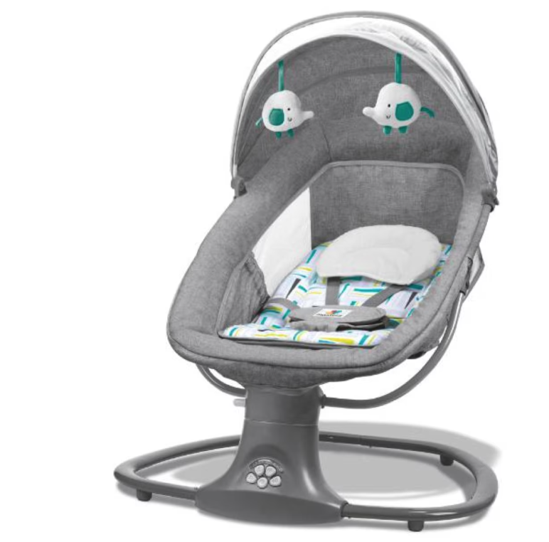 Leagan copii, Balansoar copii 3 in 1, Electric, cu Plasa Tantari, Perna Detasabila, Jucarii, USB, Bluetooth, Telecomanda, 0-3 ani