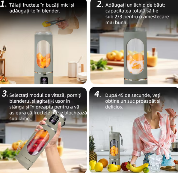 Mini Blender Electric, Portabil si Multifunctional,Fara BPA, Capacitate 450ml, Baterie reincarcabila, Pentru sala de sport, calatorii si activitati in aer liber