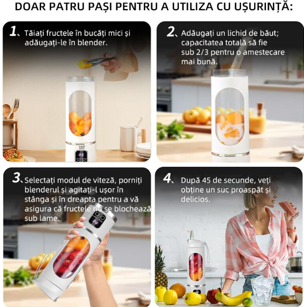 Mini Blender Electric, Portabil si Multifunctional,Fara BPA, Capacitate 450ml, Baterie reincarcabila, Pentru sala de sport, calatorii si activitati in aer liber