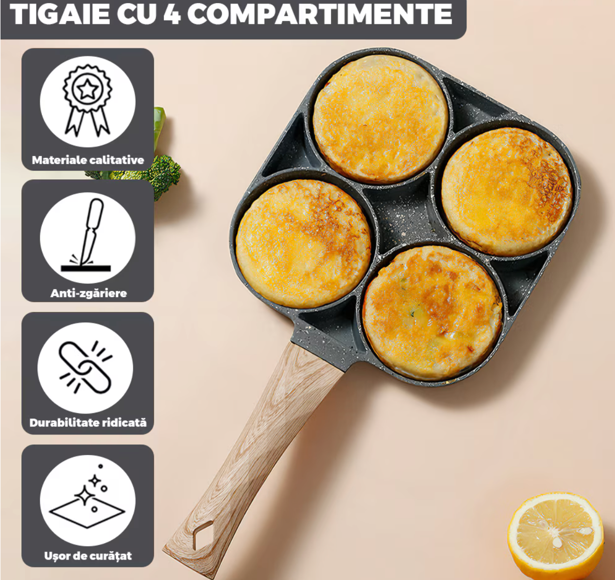 Tigaie Antiaderentă cu 4 Compartimente – gătit eficient și fără stres