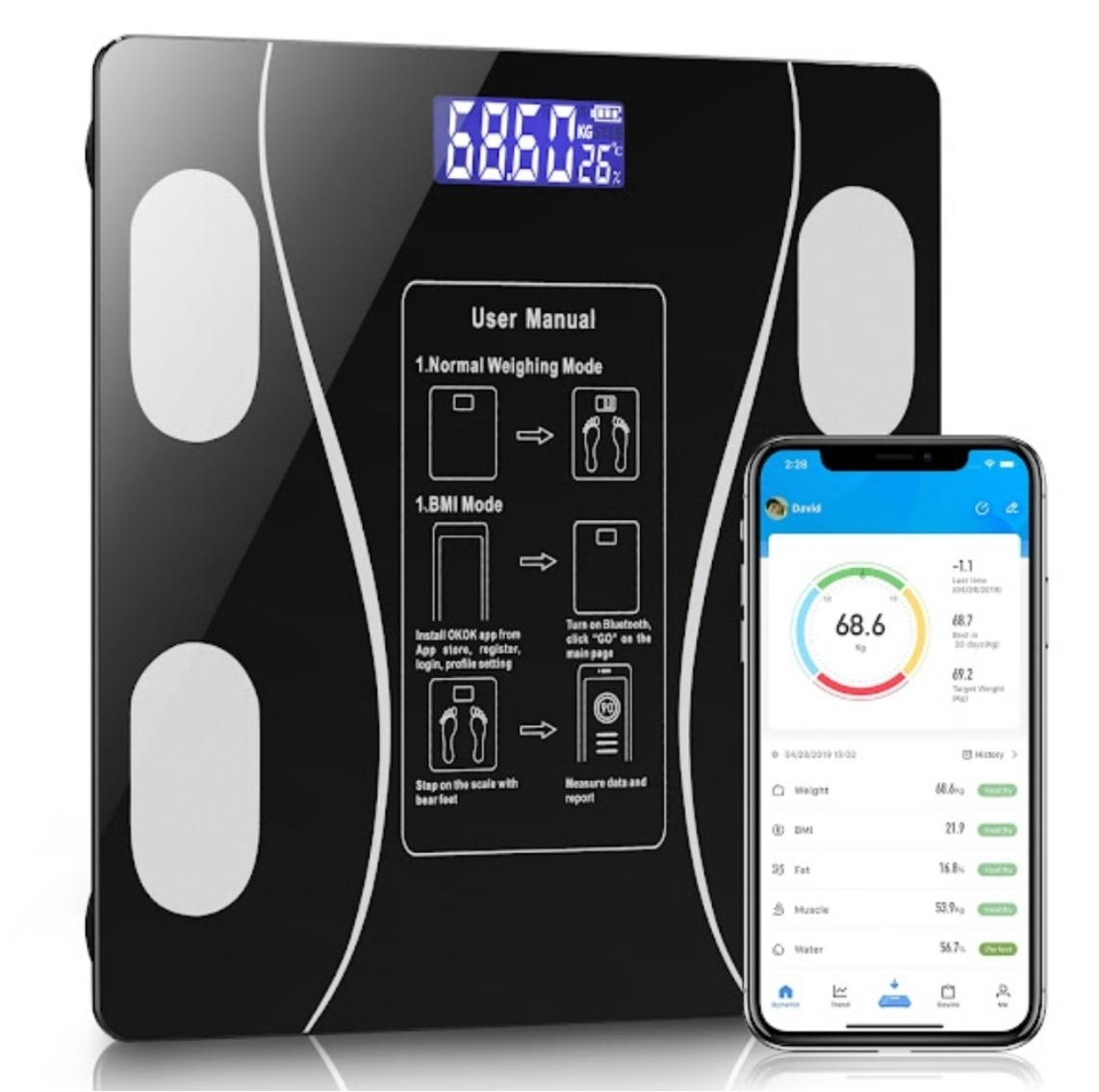 Cântar Bluetooth cu Analiză Corporală și Funcție BMI – Sticlă Temperată, Smart, 180 kg