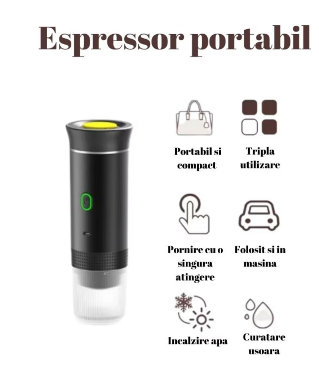 Espressor Portabil cu Încărcare USB-C – Compatibil Nespresso, Dolce Gusto și Cafea Măcinată
