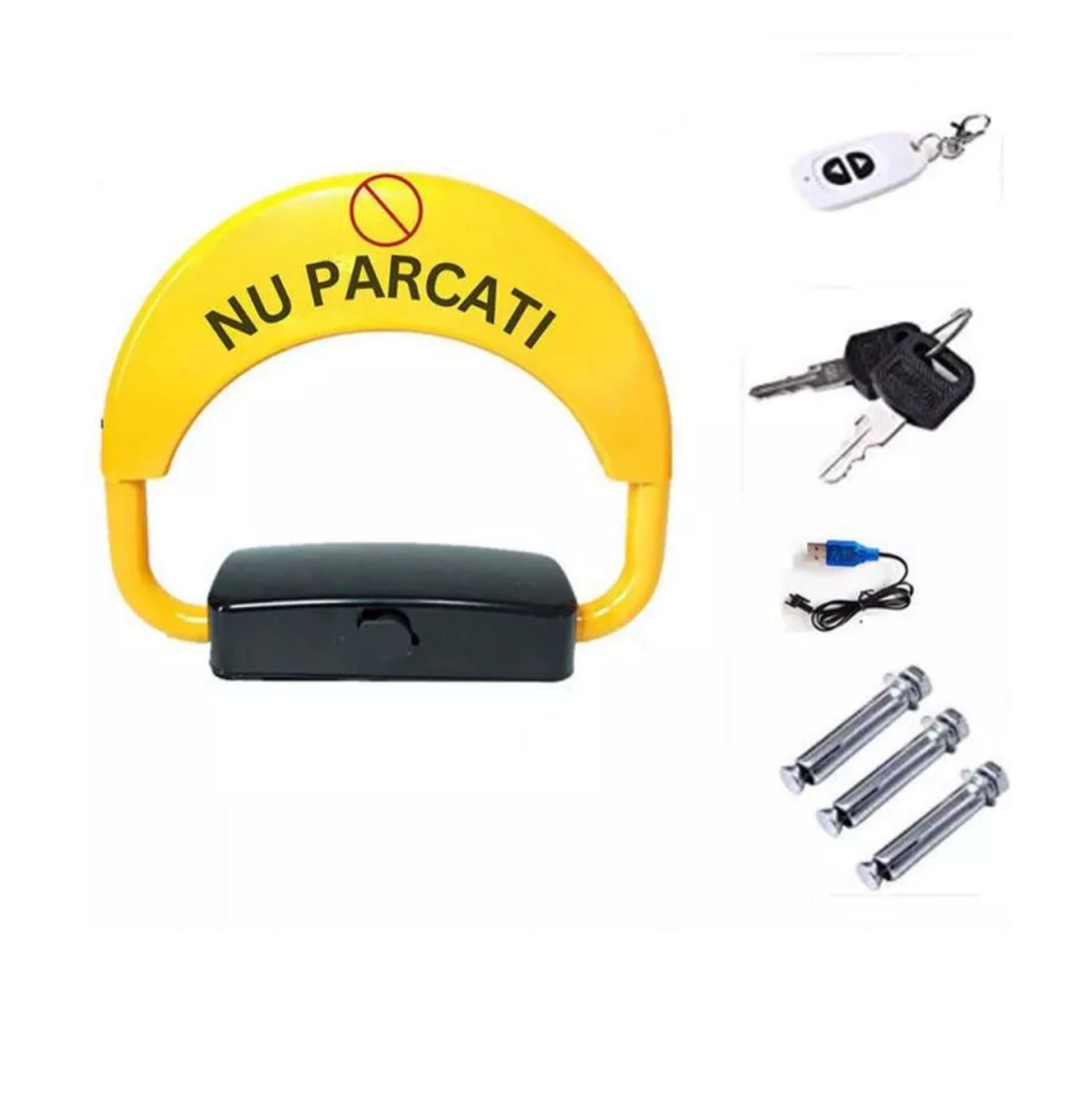 Blocator Parcare Automat cu Acumulator, Telecomandă, Alarmă, Anti-Furt, Suport 5 Tone, IP67, Negru/Galben